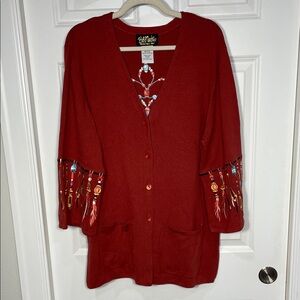 BOB MACKIE Arrows Cardigan Sweater Sz XL Wearable Art Embroidery Dream Catcher